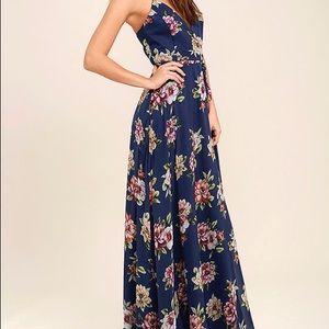 Lulus Always There For Me Navy Blue Floral Print Wrap Maxi Dress medium NWT